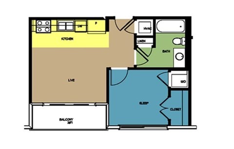 Floor plan for 1 bed, 1 bath, 550 sqft